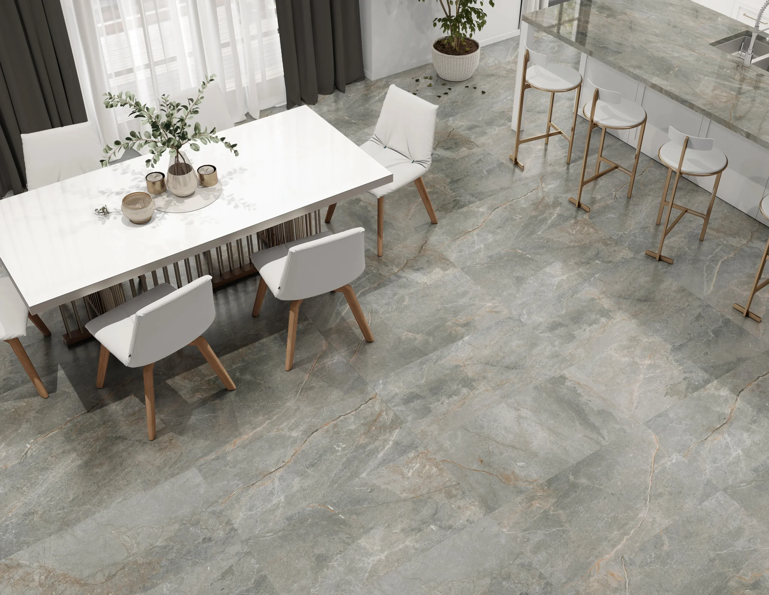 Suelo porcelánico Siena Gris Lapado 60 × 120 cm · ambiente de comedor