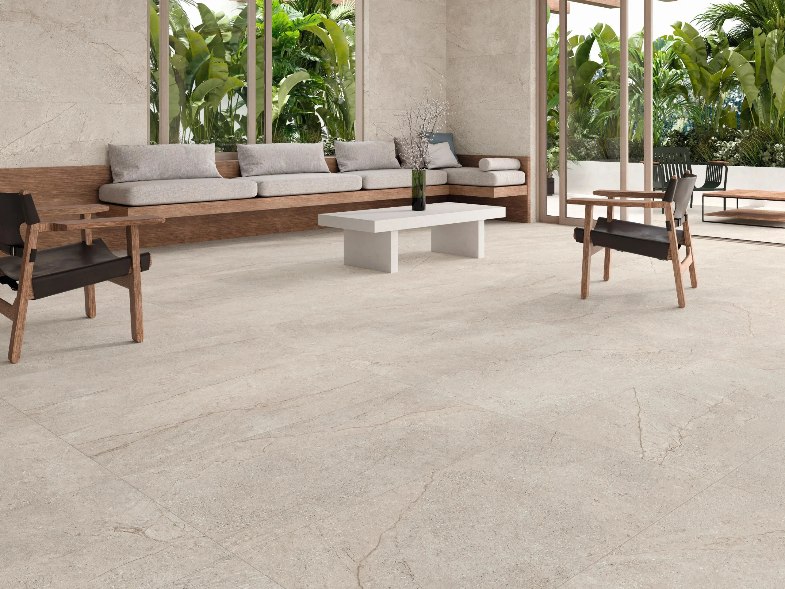Suelo porcelánico Sumum Beige 99,5 × 99,5 cm · ambiente de salón