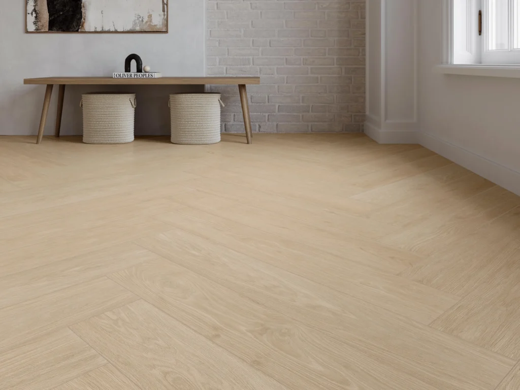 Suelo porcelánico Urbasa Beige 30 × 120 cm · ambiente de salón