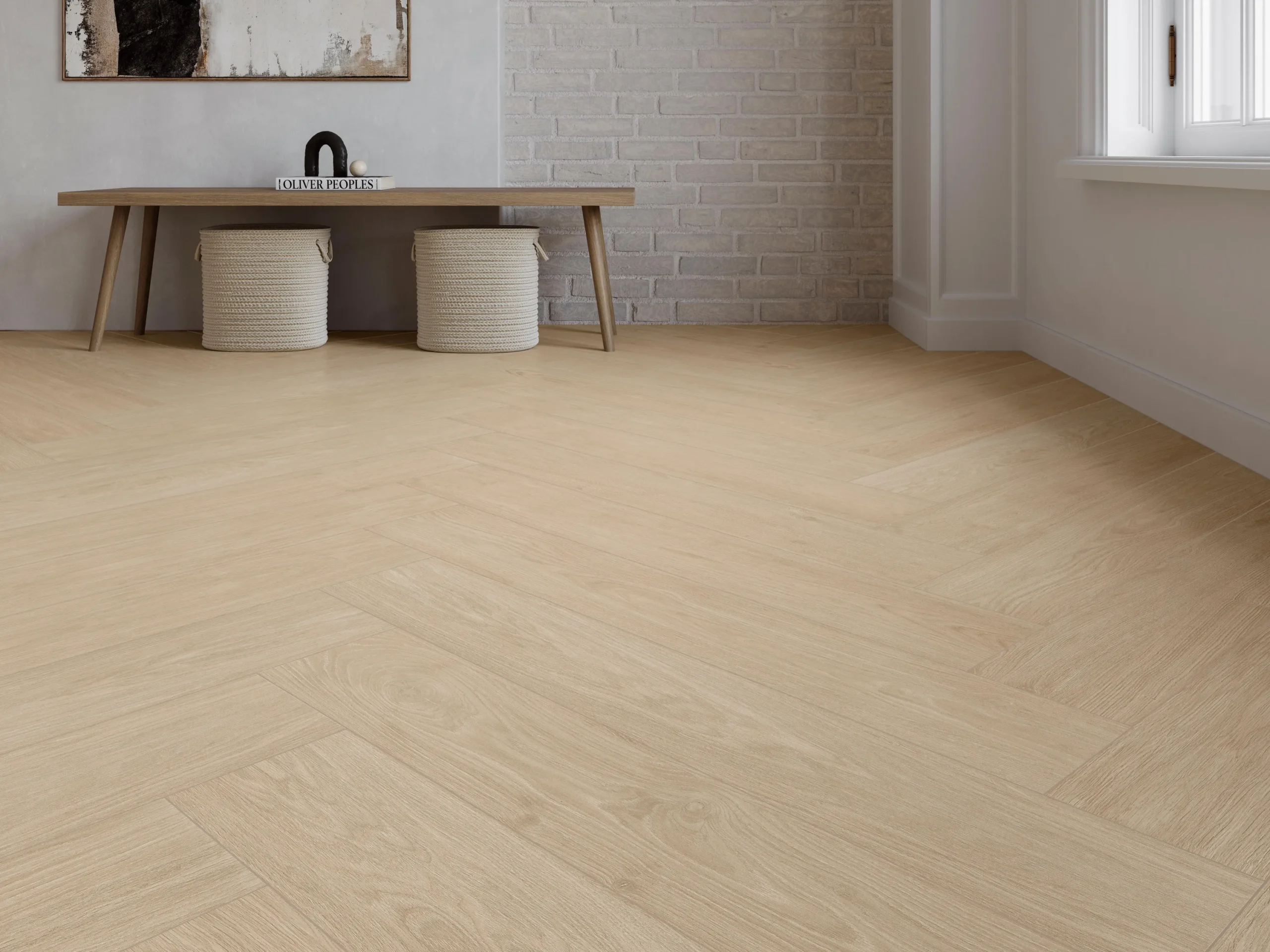 Suelo porcelánico Urbasa Beige 30 × 120 cm · ambiente de salón