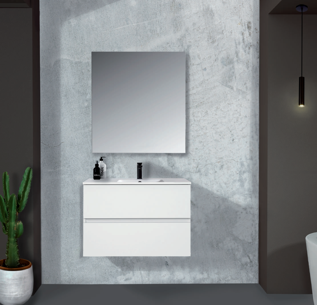 Mueble de baño SV-2 en blanco brillo con lavabo de porcelana; fotografía de ambiente, espejo y grifería no incluidos