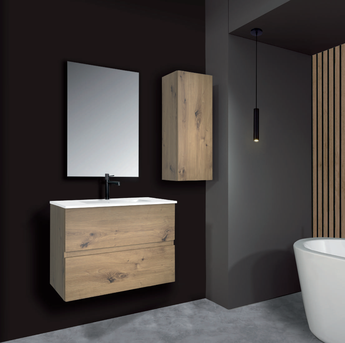 Ambiente de baño en acabado roble con mueble de lavabo y armario auxiliar de colgar a la derecha del espejo. Cada ficha indica los elementos incluidos.