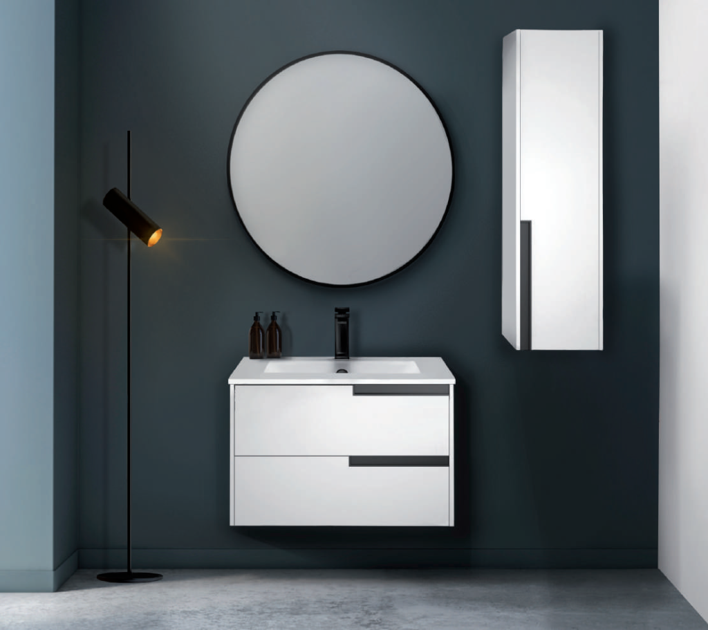 Mueble de baño VN-2 en blanco mate con lavabo de porcelana; fotografía de ambiente, espejo y grifería no incluidos
