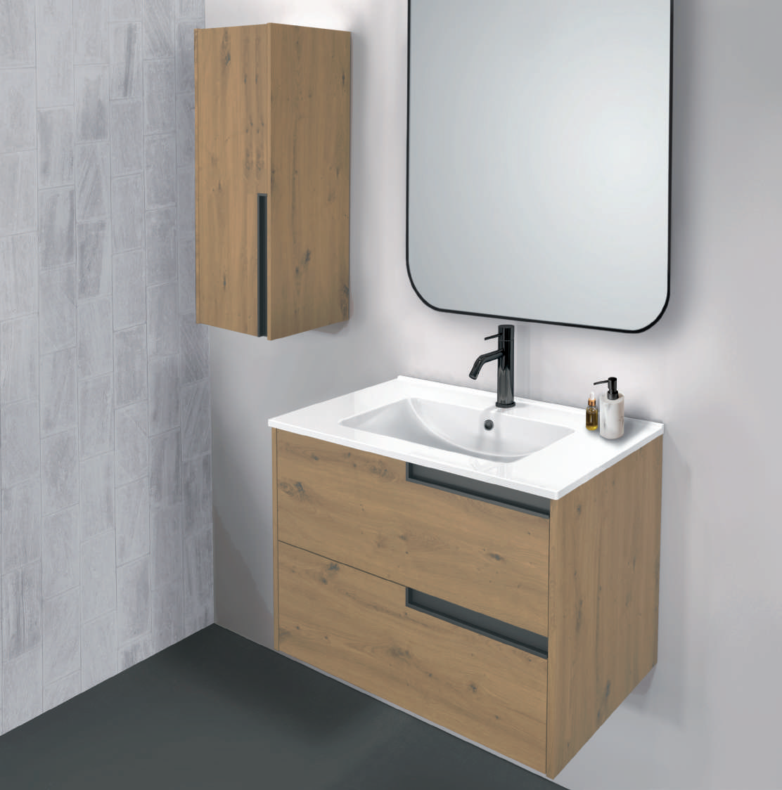 Mueble de baño VN-2 en roble con lavabo de porcelana; fotografía de ambiente, espejo y grifería no incluidos